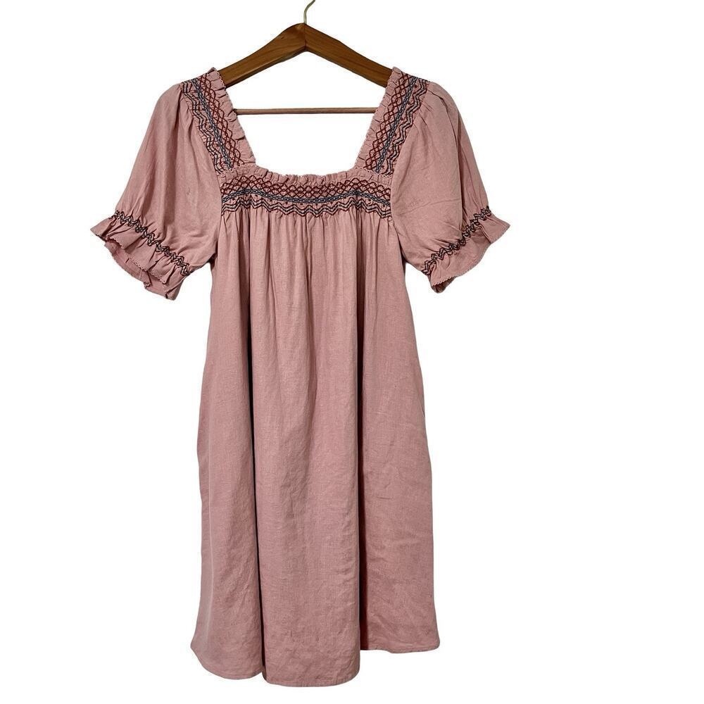 Madewell Smocked Linen Blend Puff Sleeve Mini Dress Size XS Pink Cottagecore